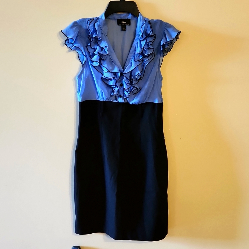 Lt. Blue/Black Dress with ruffled neck & sleeves